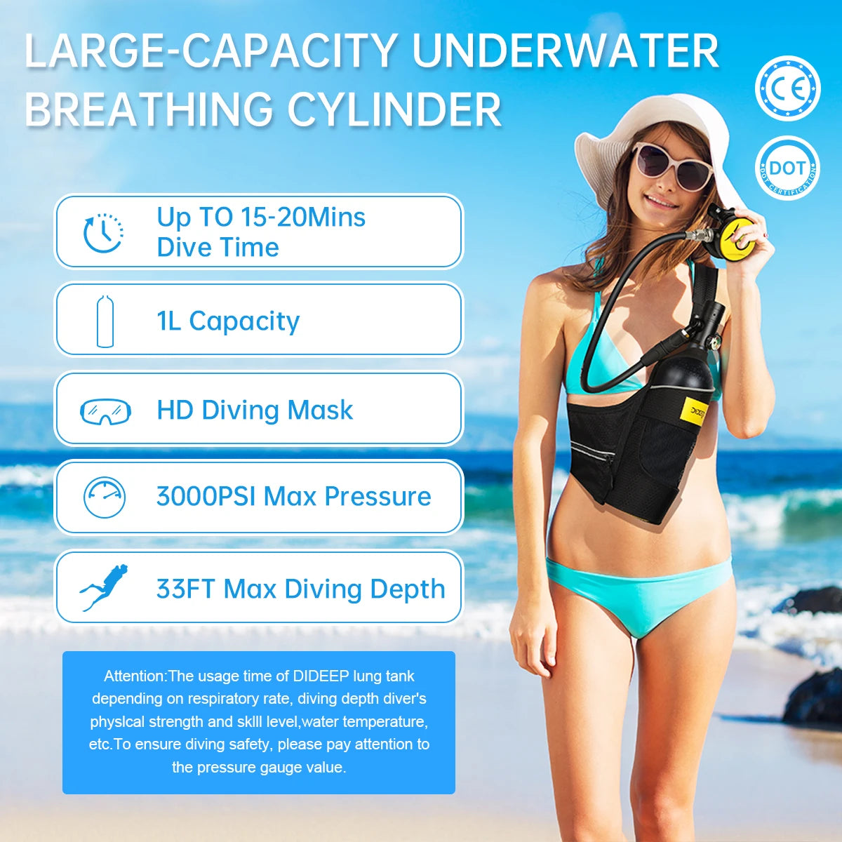 DIDEEP 1Liter Mini Scuba Diving Tank Set, 15-20Mins Underwater Diving Cylinder, Easy to Use, Portable Lungs Bottle with 3000 PSI,Summer Diving for Cooling off ,Suitable for Outdoor Activities and Travel,Summer Diving for Cool