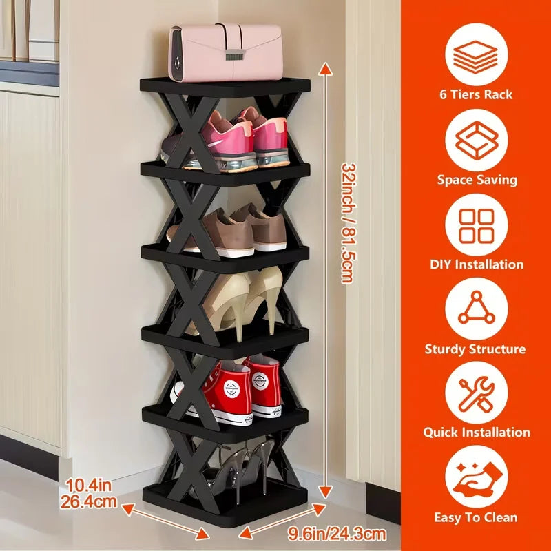 Multi-tier Vertical Shoes Storage Rack 6-9 Layers X-shaped Detachable Plastic Shoe Organizer Lightweight Easy Disassembly Household Space Saving Shoe Shelf Stackable Design Footwear Storage Holder For Indoor Home Bedroom Entr