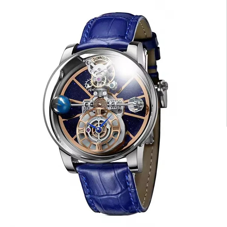 PINDU Design Man Wristwatch Transparent Hollow Design Celestial Roulette Quartz Watches Water Resistant Leather Men's Watch Box