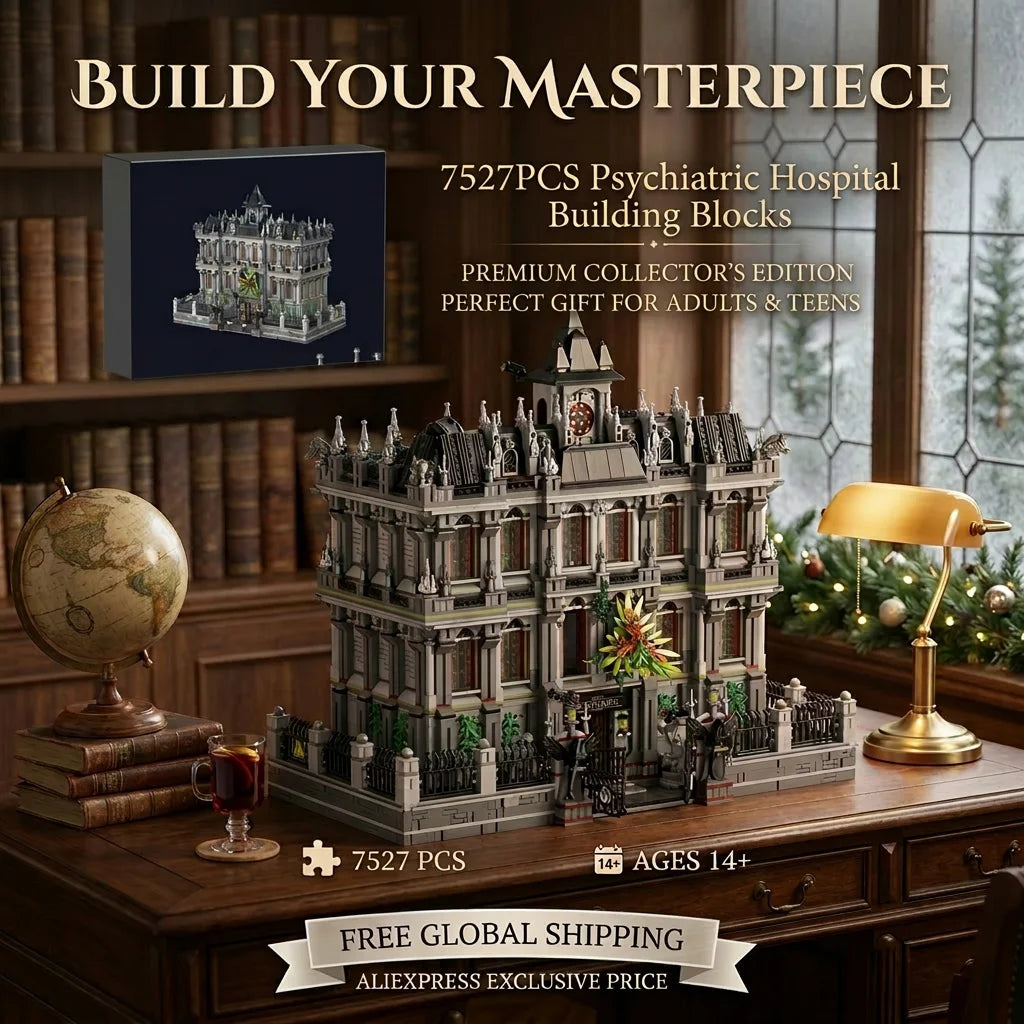 7527PCS Gothic Psychiatric Hospital Lunatic Hospital Building Blocks Set Haunted Mansion Style Construction Bricks Model Kit with Ornate Facade and Fence Details DIY Assembly Toys for Adults Ideal Birthday Holiday Gift Home O