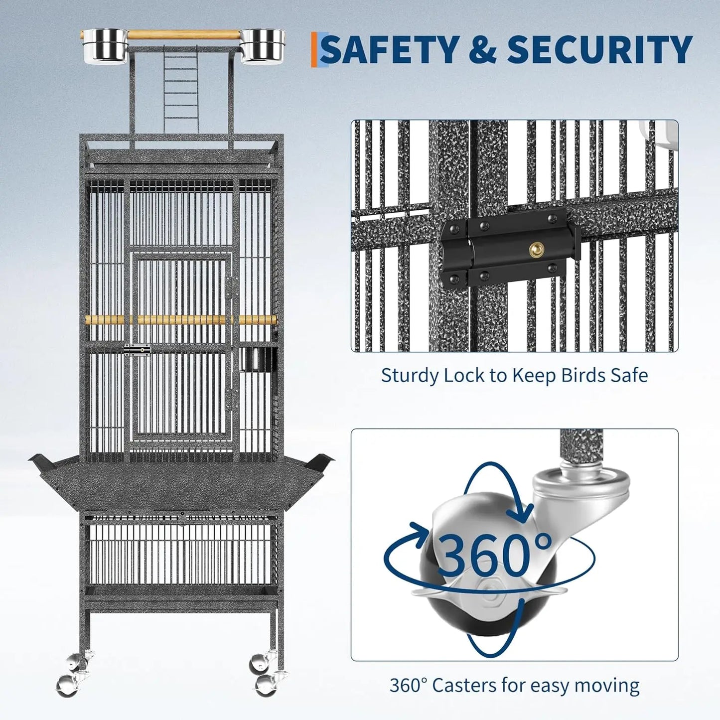 Large Bird Cage, Metal Parakeet Cage with Play Top, Wood Perches & Feeder, Spacious Rolling Flight Cage for Parrots, Cockatiels