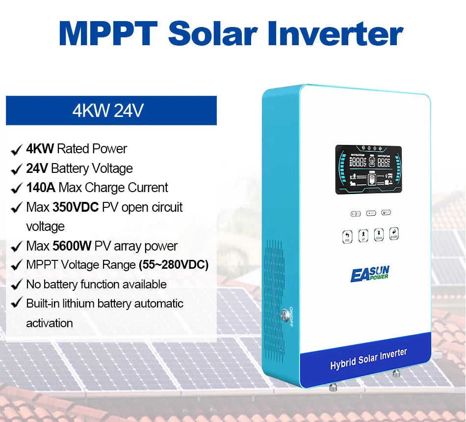EASUN POWER hybrid Soalr Inverter 4KW MPPT 140A 350VDC PV Input 110VAC 24VDC 4000W Pure Sine Wave 6.25 Inch LCD Display Household for US