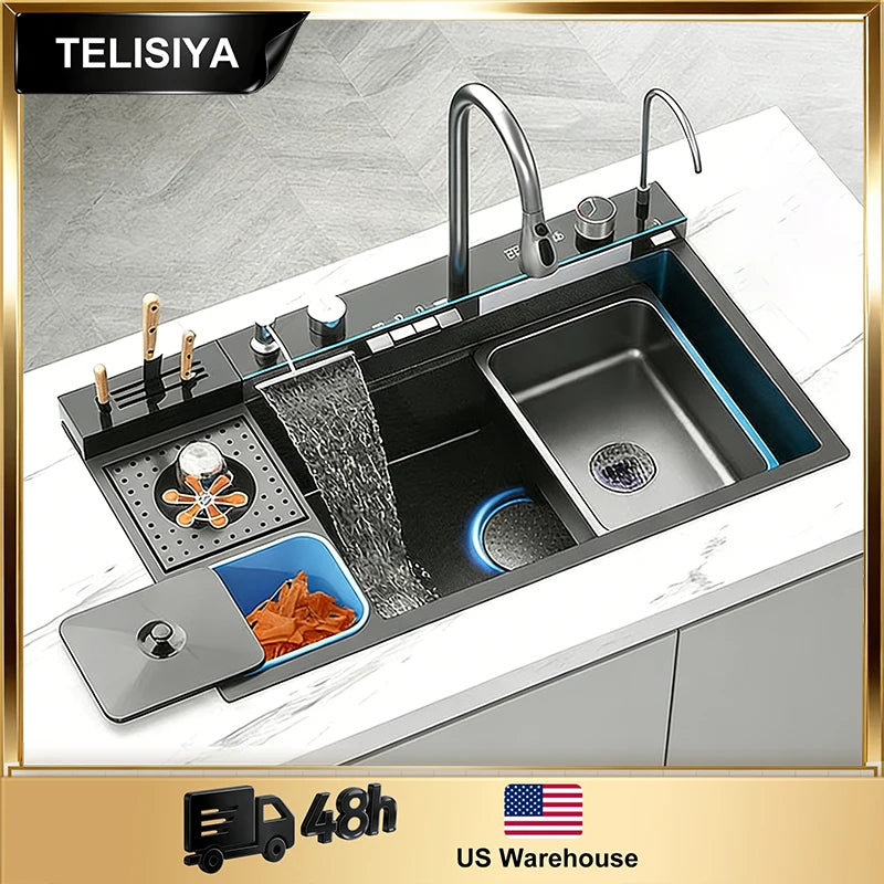 Stainless Steel Kitchen Sink Multifunctional Digital Display Waterfall Large Single Slot Ships from the U.S.