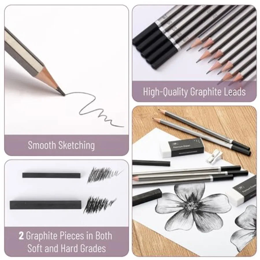 - Drawing Sketching Pencil Set, 19 pcs, Graphite Pencils 10B-6H Graphite Sticks, Erasers, Metal Sharpener, for Drawing, Sketchi