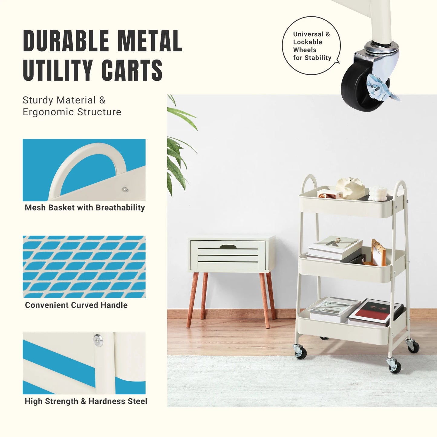 JHK 3 Tier Metal Storage Kitchen Cart with Lockable Wheels Mobile Shelving Unit Utility Rolling Organizer For Home Narrow Places
