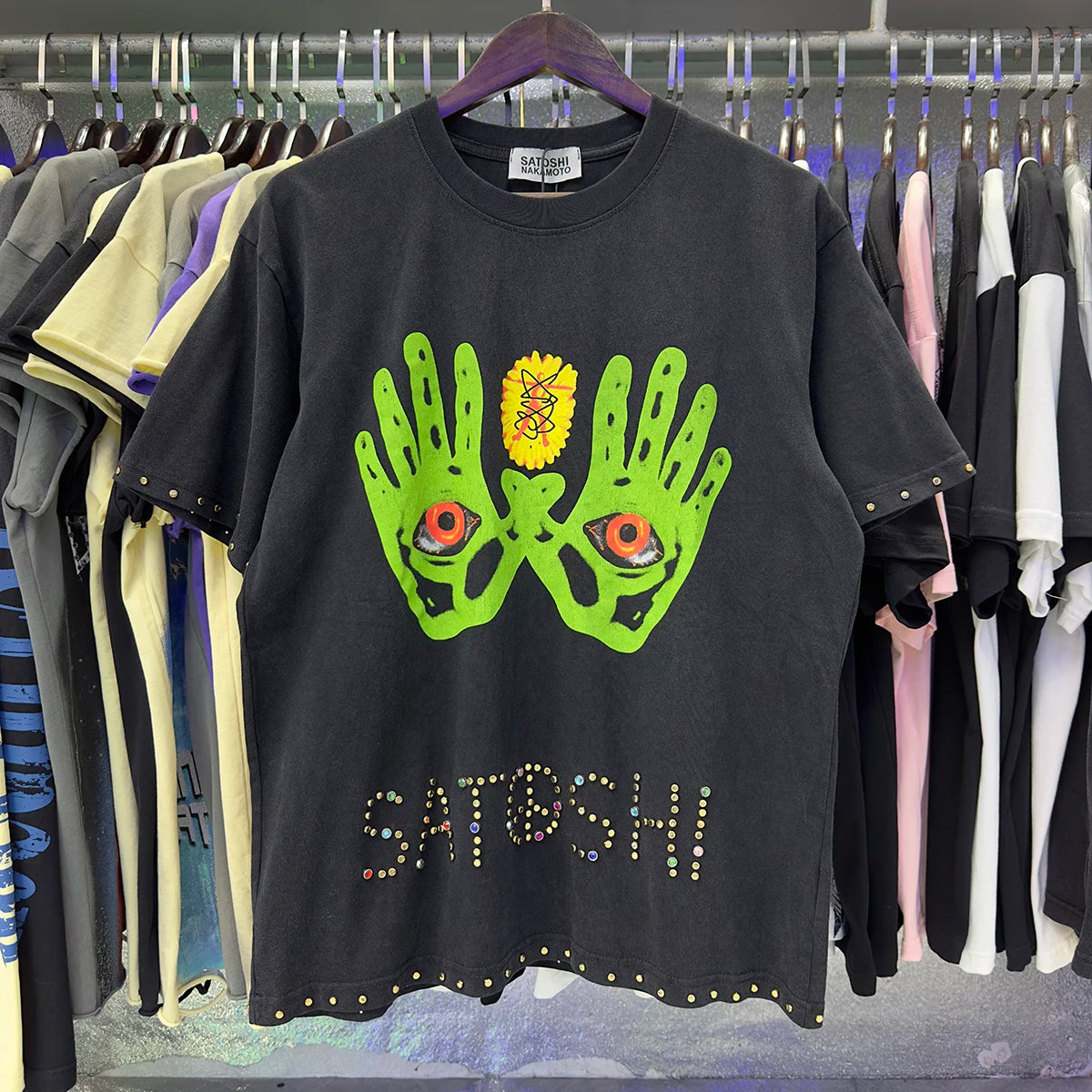 Free shipping New Satoshi Nakamoto fashion T-shirt hotfix rhinestone and Printed with Washed Oversized 100% cotton Men Women T-shirts Y2K Fashion streetwear