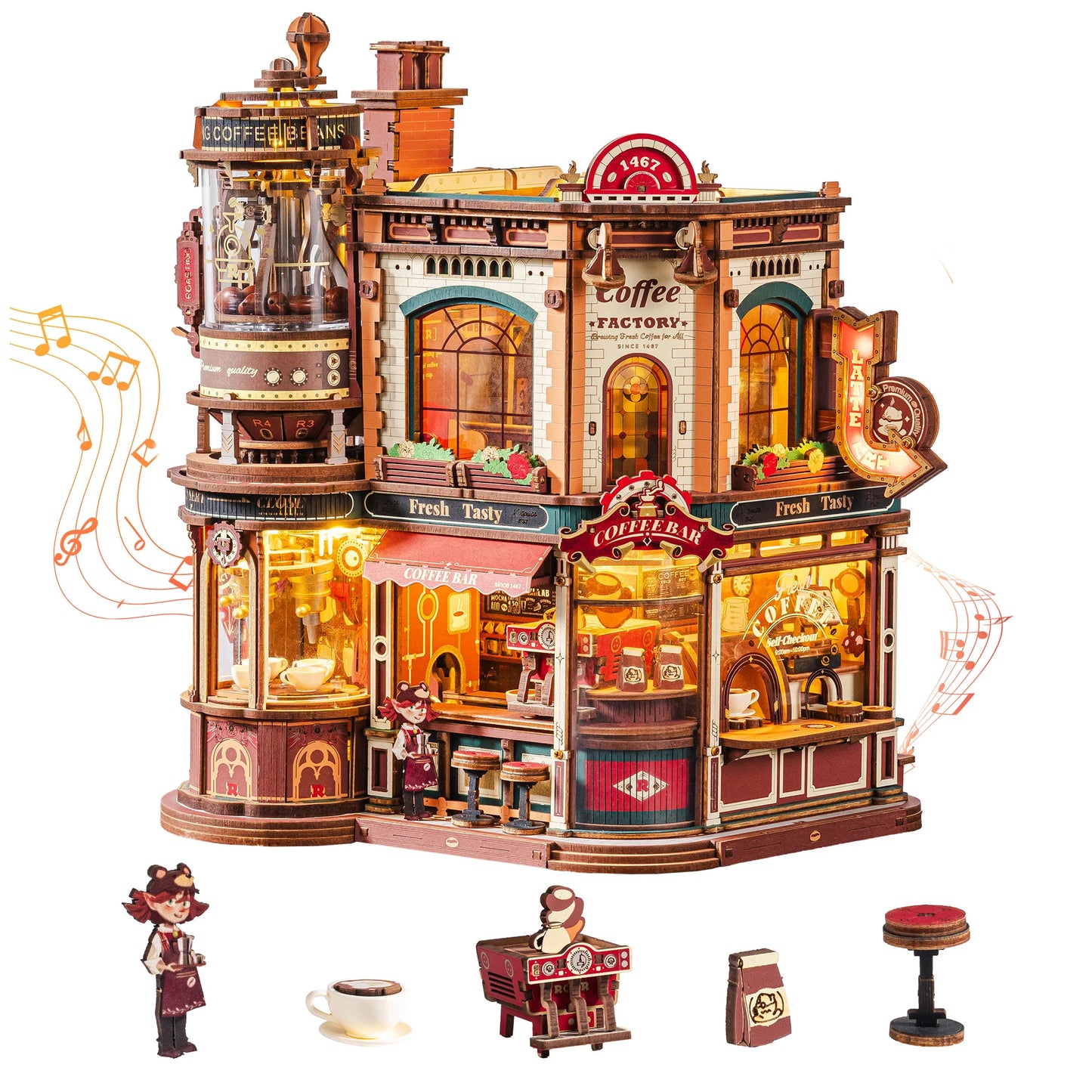 ROKR Wooden 3D Puzzle Dream Coffee Factory Music Box Model Building Kit 593-piece DIY Miniature House Kit with LED Light Unique Home Decor Gift for Adults Women