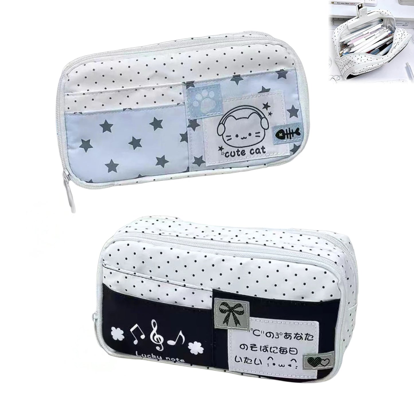 Cute Cat Polka Dot Pencil Case Blue Multi-Layer Large Capacity Pen Bag Portable Student School Stationery Storage Pouch