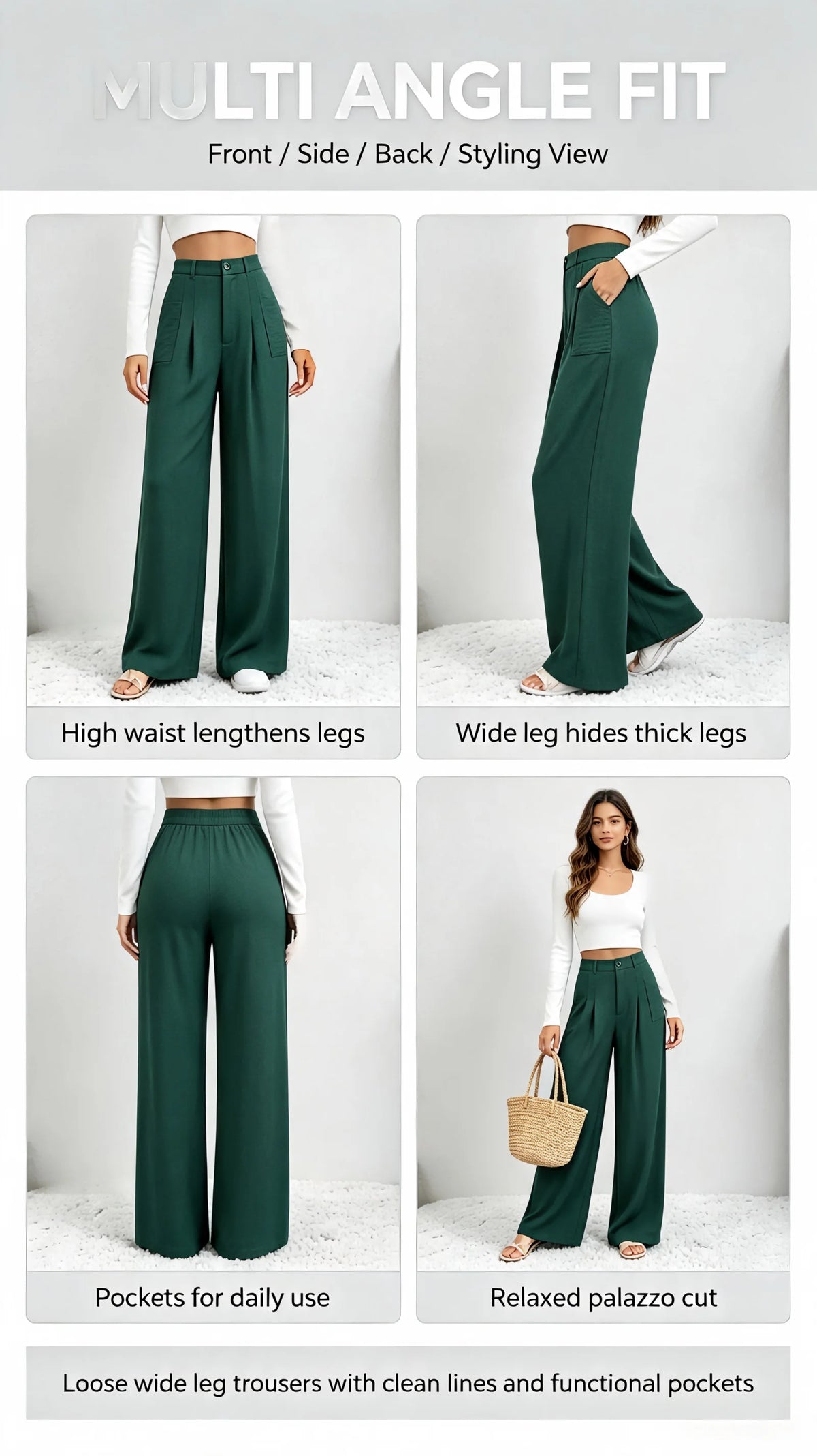 Women Green Textured Wide Leg Pants High Waist Button Front Pleated Trousers With Pockets Casual Office Business Straight Long Palazzo Pants