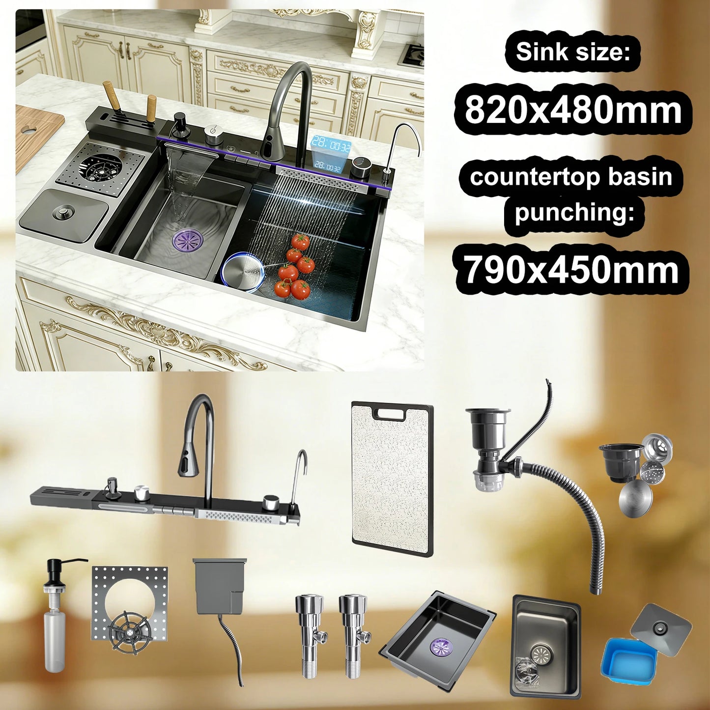 Stainless Steel Kitchen Sink Multifunctional Digital Display Waterfall Large Single Slot Ships from the U.S.