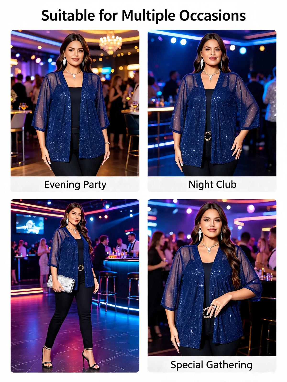 Plus Size Glitter Mesh Kimono Cardigan Women 3/4 Sleeve Open Front Shimmer Sheer Cover‑Up For Evening Party Club Occasion