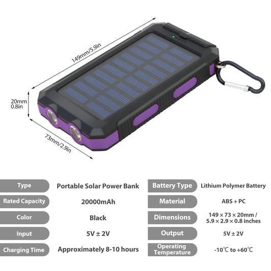 20000mAh Solar Charger Waterproof Portable Solar Power Bank Dual 5V USB Ports 2 LED Flashlight Compass for Outdoor Camping Hik