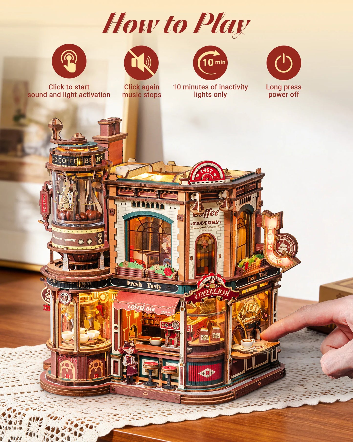 ROKR Wooden 3D Puzzle Dream Coffee Factory Music Box Model Building Kit 593-piece DIY Miniature House Kit with LED Light Unique Home Decor Gift for Adults Women