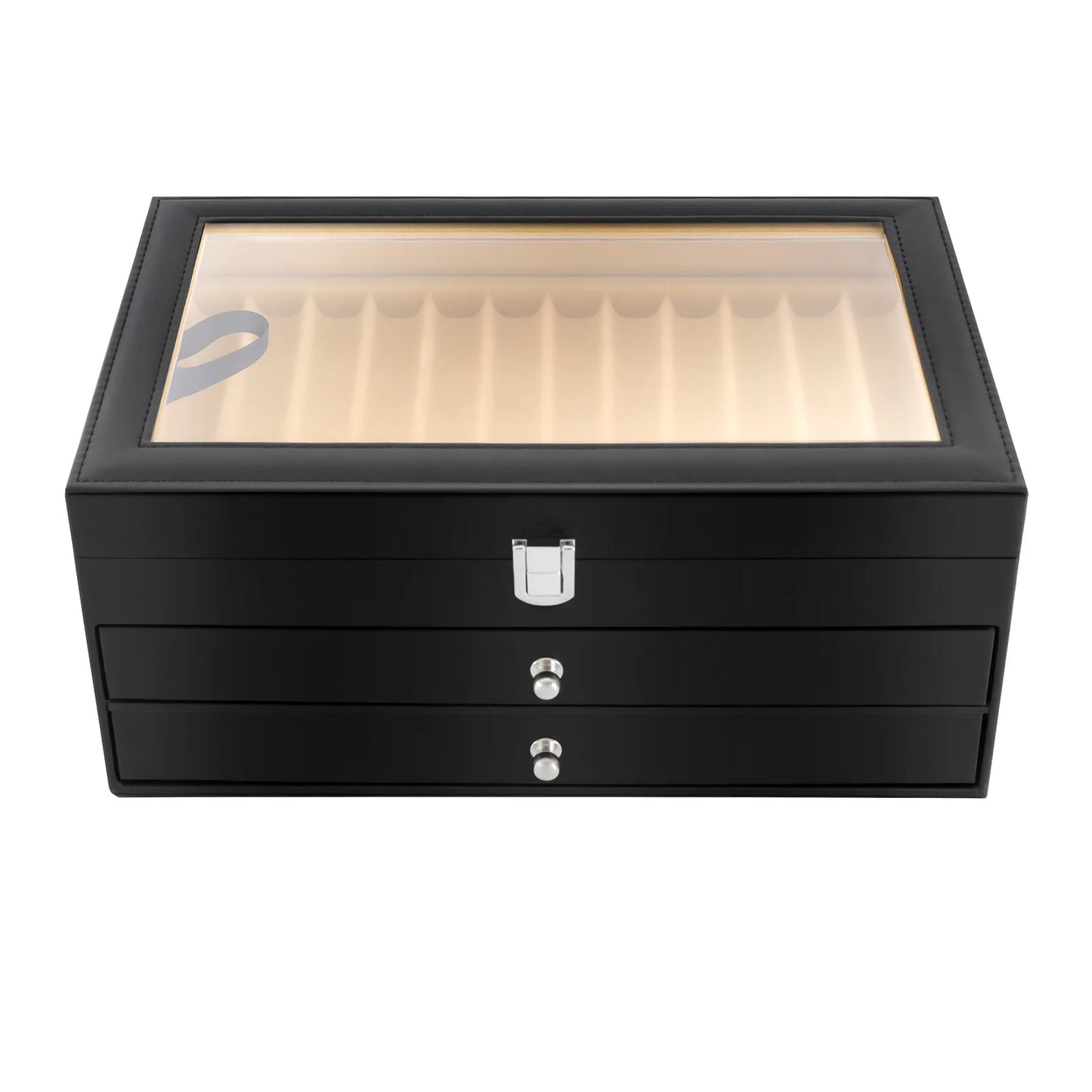 3-Tier Pen Display Box Desktop Pens Organizer 36-Slots Pen Case Soft PU Surface Black with Drawers