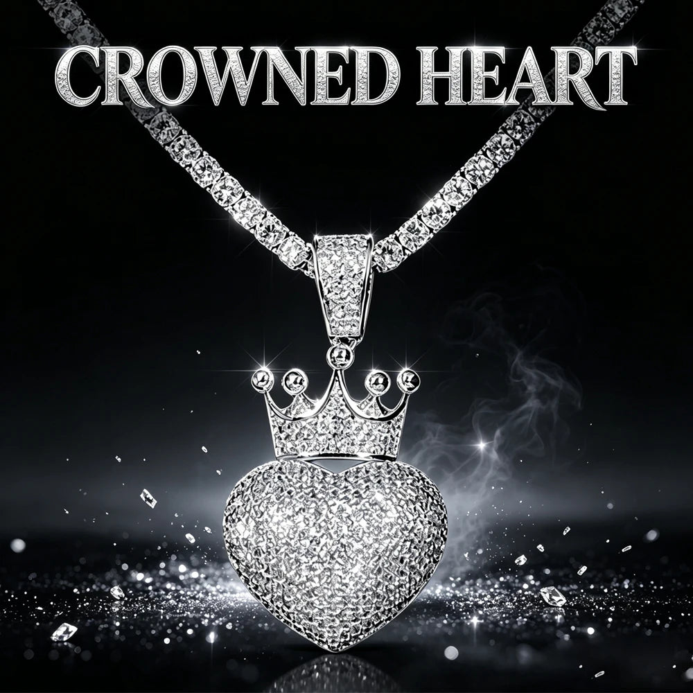 Iced Out Crowned Heart Pendant Micro Pave Cubic Zirconia Crown Love Heart Charm 18K Gold Plated Hip Hop Necklace Bling Rhinestone Heart Crown Jewelry For Men Women Trendy Rap Accessory Romantic Lovers Gift Fine Jewelry Gifts