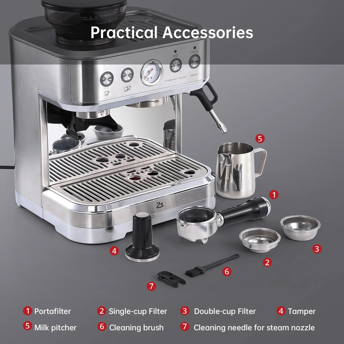 Acekool Espresso Machine With Grinder Stainless Steel 15 Bar Milk Frother