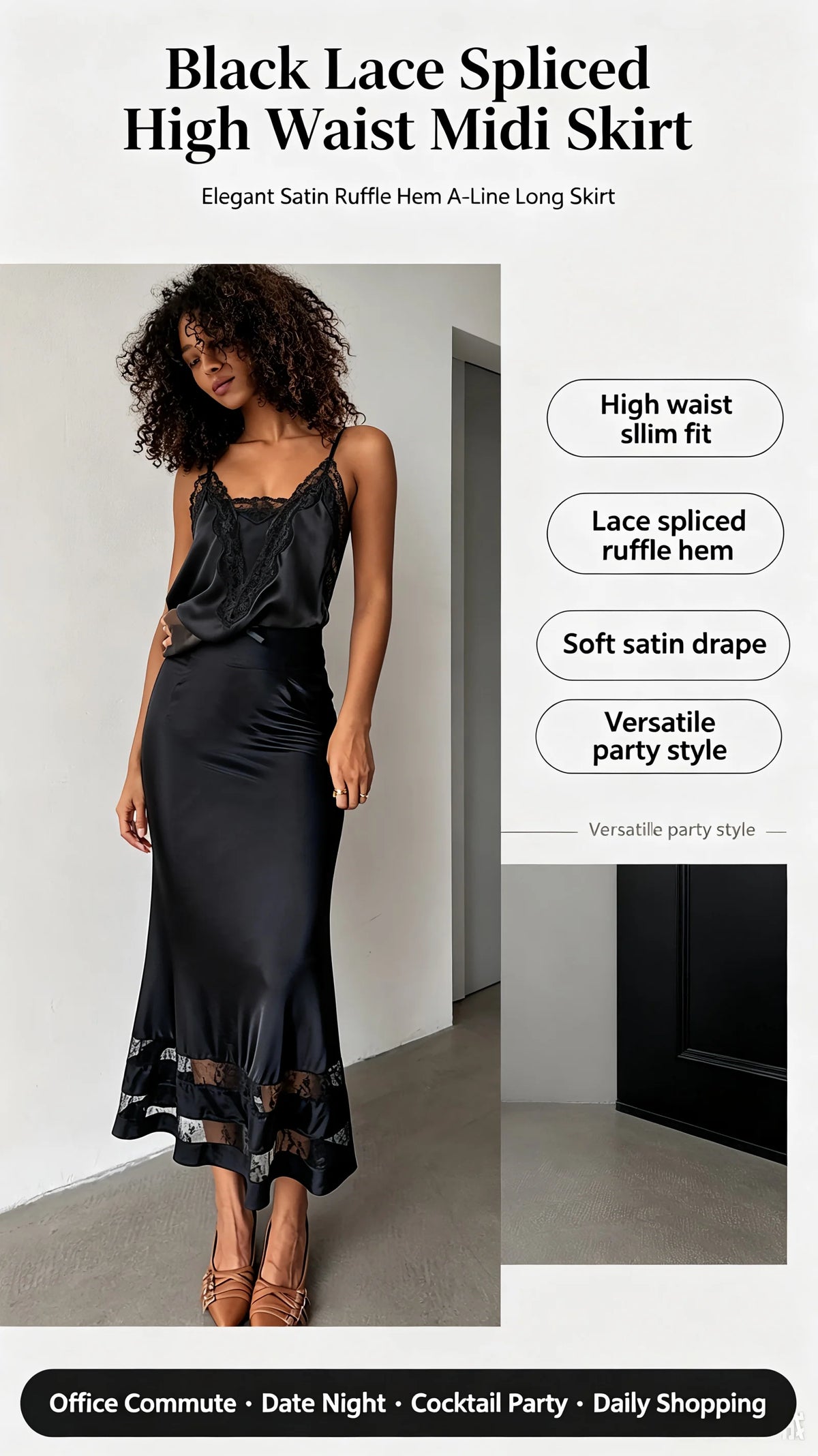 Elegant Satin Ruffle Hem A-Line Long Skirt