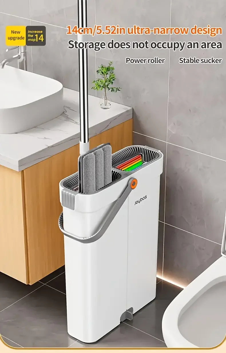 Joybos Ultra-Slim Flat Mop and Bucket System, Hands-Free Wash & Dry Floor Mop Set with 2 Microfiber Pads, 360° Swivel Mop with Squeegee Edge for Hardwood Tile Laminate