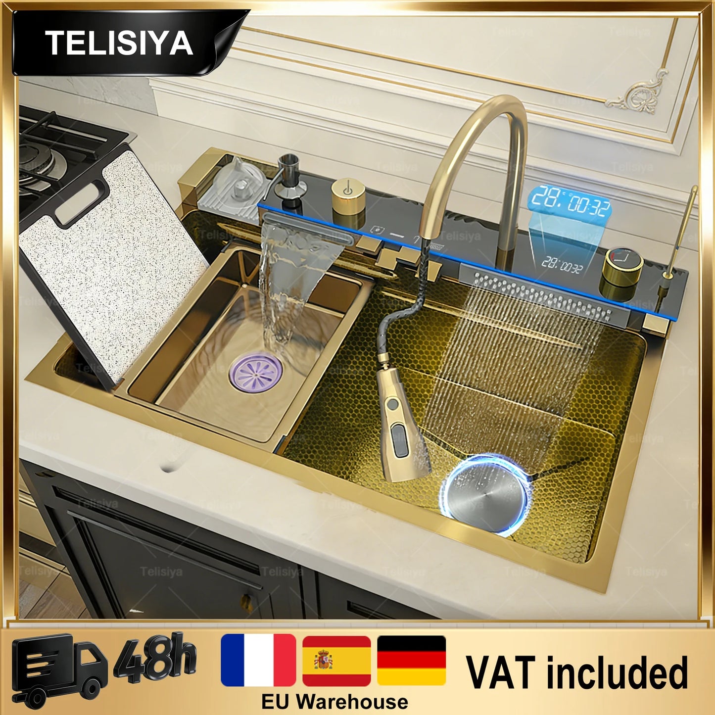 Stainless Steel Kitchen Sink Multifunctional Digital Display Waterfall Large Single Slot Ships from the U.S.