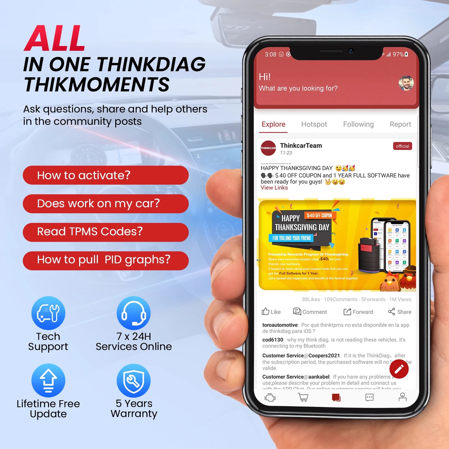 THINKCAR THINKDIAG Mini OBD2 Scanner Lifetime Free Update for All Cars Full System Diagnostic Scan Tool for iOS and Android