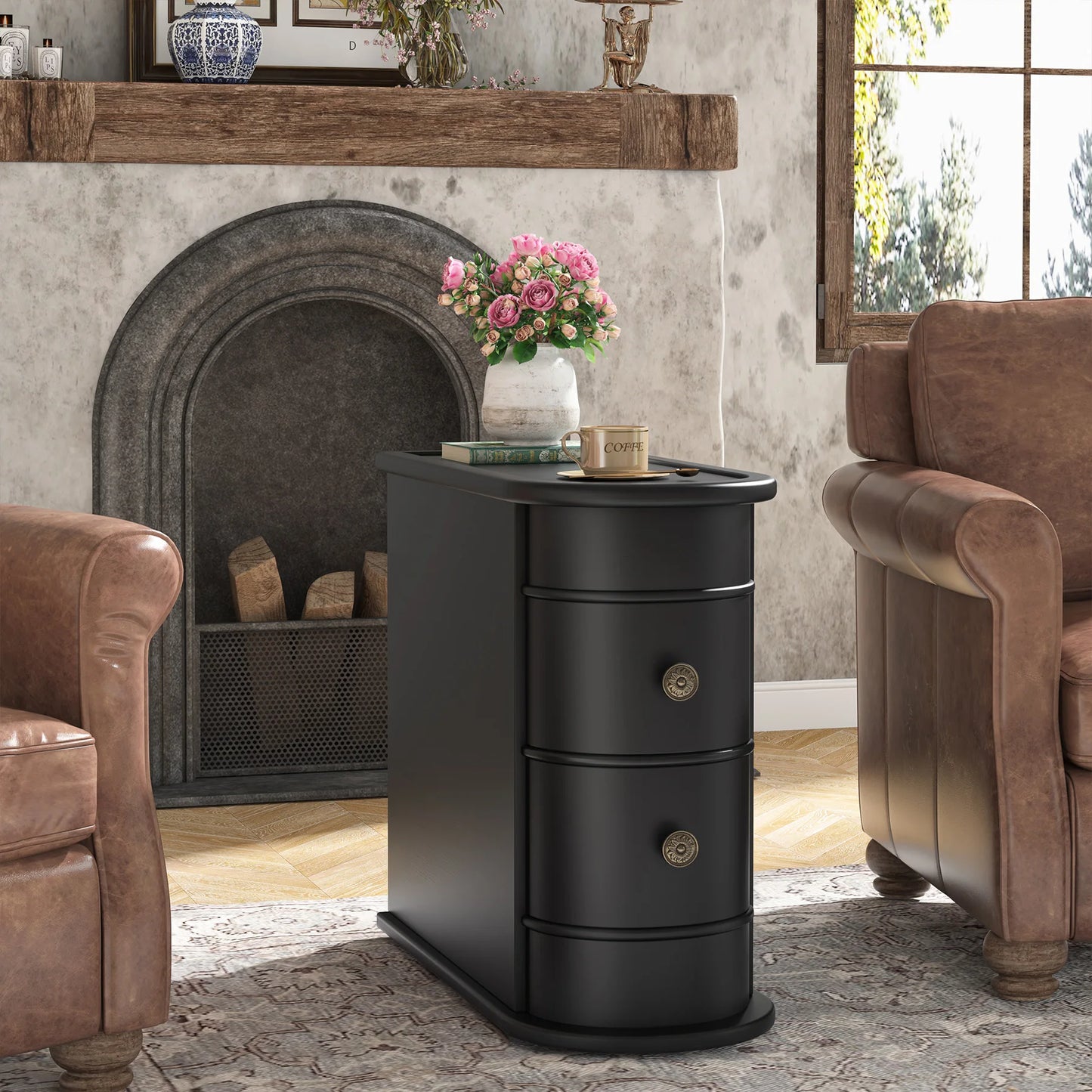 Tribesigns End Table Round Solid Wood Sofa Bedside Narrow Bedroom Side Table Nightstand with Drawer