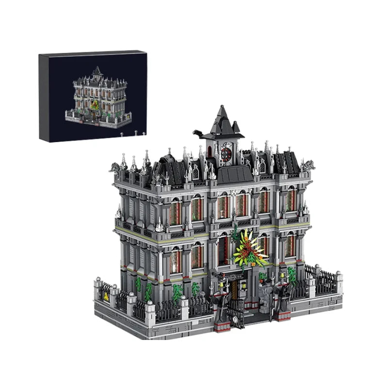 7527PCS Gothic Psychiatric Hospital Lunatic Hospital Building Blocks Set Haunted Mansion Style Construction Bricks Model Kit with Ornate Facade and Fence Details DIY Assembly Toys for Adults Ideal Birthday Holiday Gift Home O