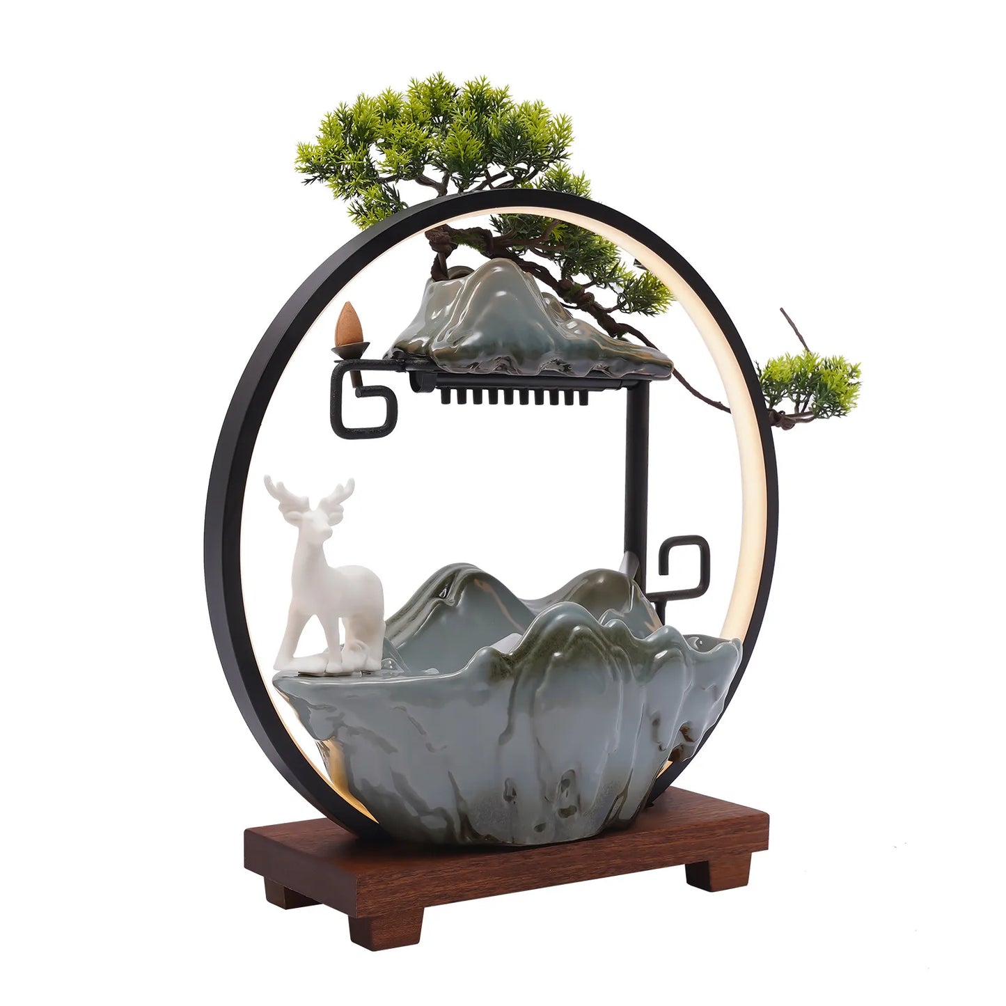110V Ceramic Tabletop Fountain With Mist LED Deer Figurine Pine Branches Easy Setup Quiet For Indoor Meditation Feng Shui Decor
