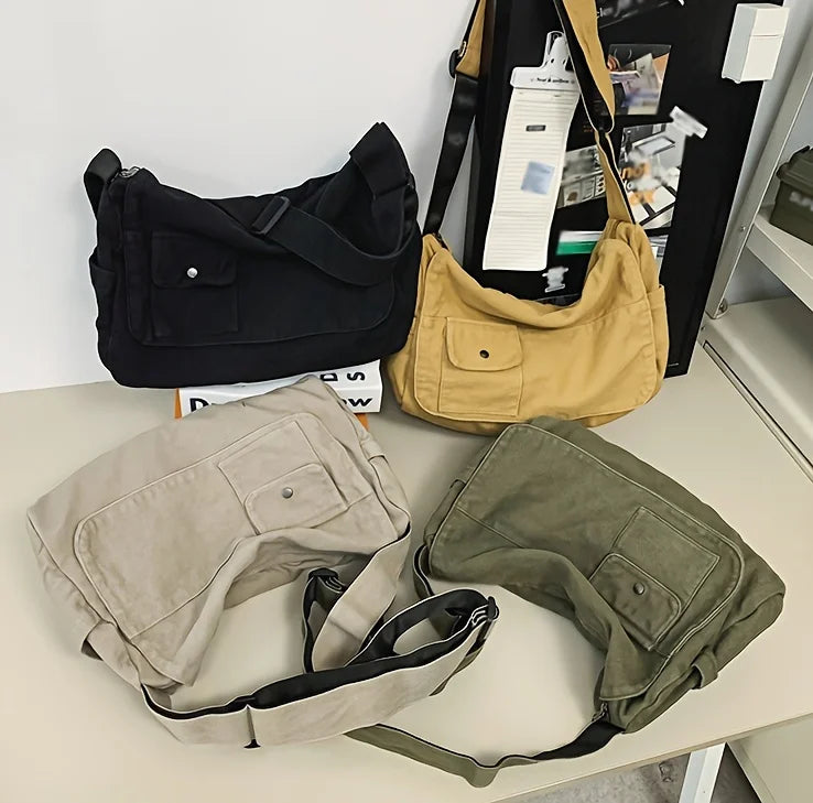 Casual Canvas Messenger Bag Versatile Flip Large Capacity Shoulder Book Bag For Student Adjustable Crossbody Bag For Men Women