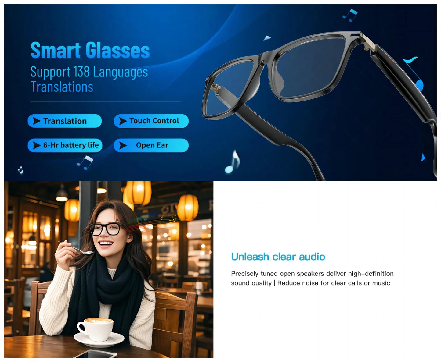 AI Translation Smart Glasses with photochromic lenses, support 160+ languages real-time translation