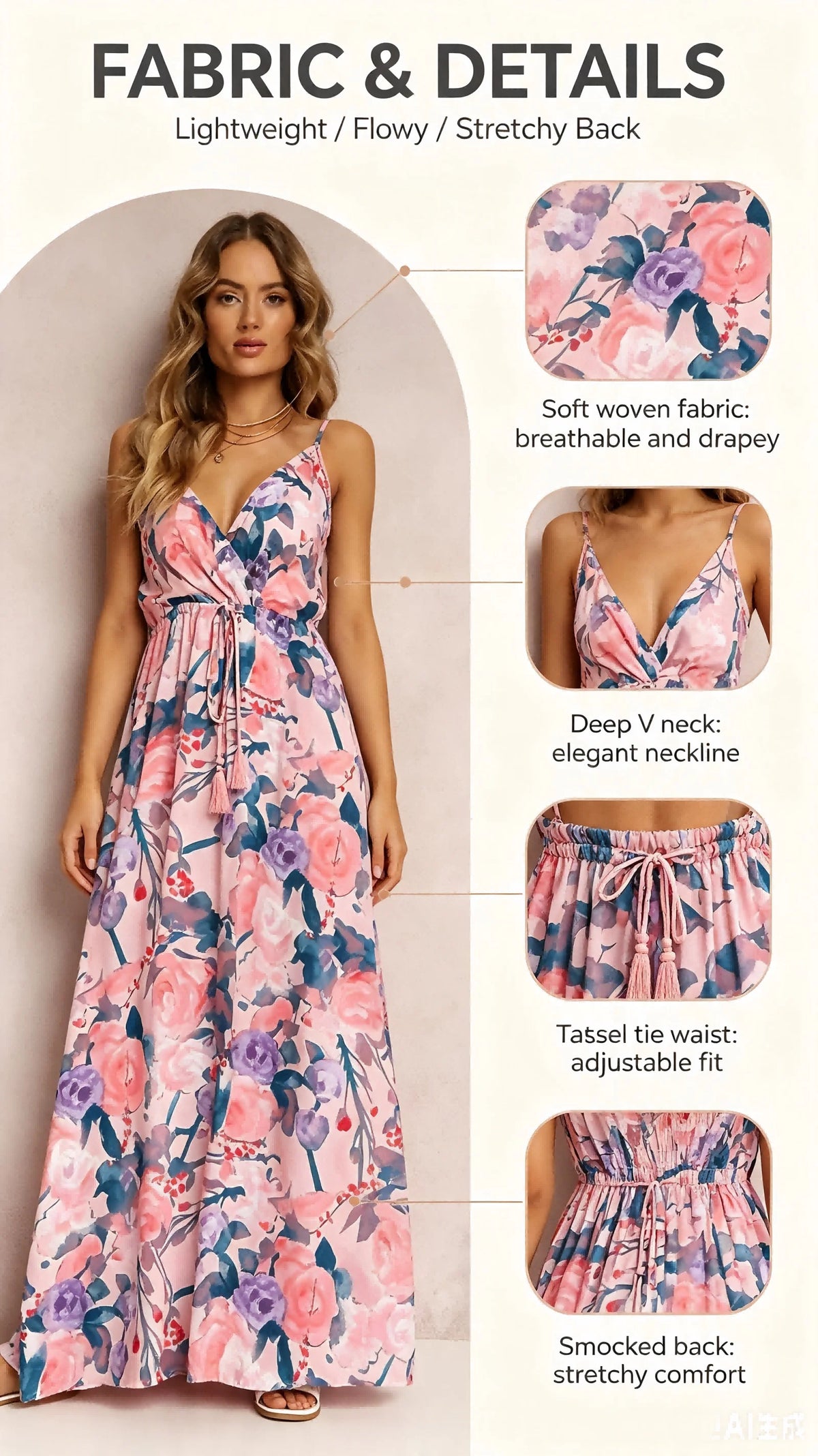 Women Watercolor Floral Print Maxi Dress V Neck Spaghetti Strap Tassel Tie Waist Smocked Back Summer Beach Holiday Casual Long Sundress