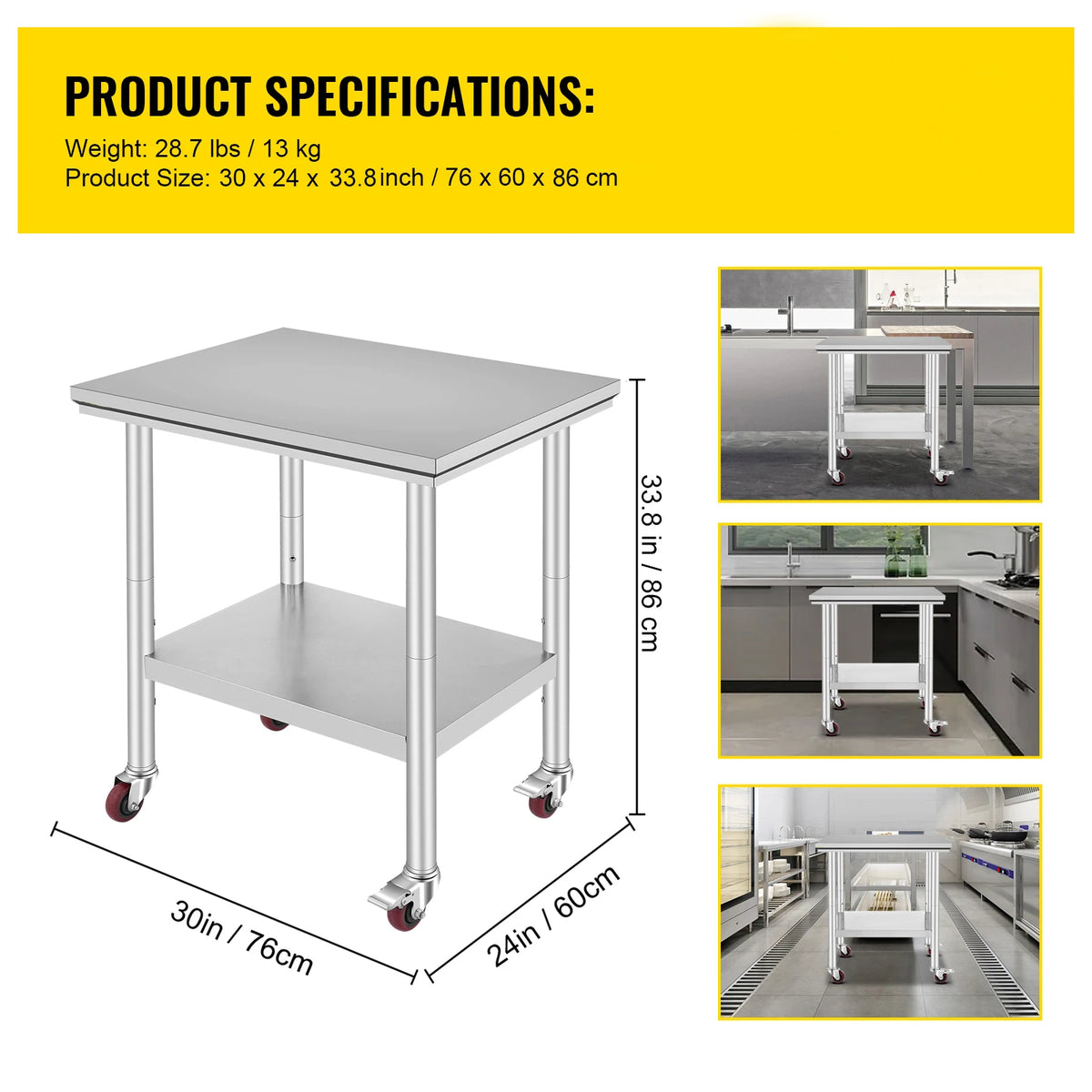 SucceBuy Stainless Steel Kitchen Worktable Shelves Commercial Work Bench Table with Caster Wheels for Home Restaurant Storage