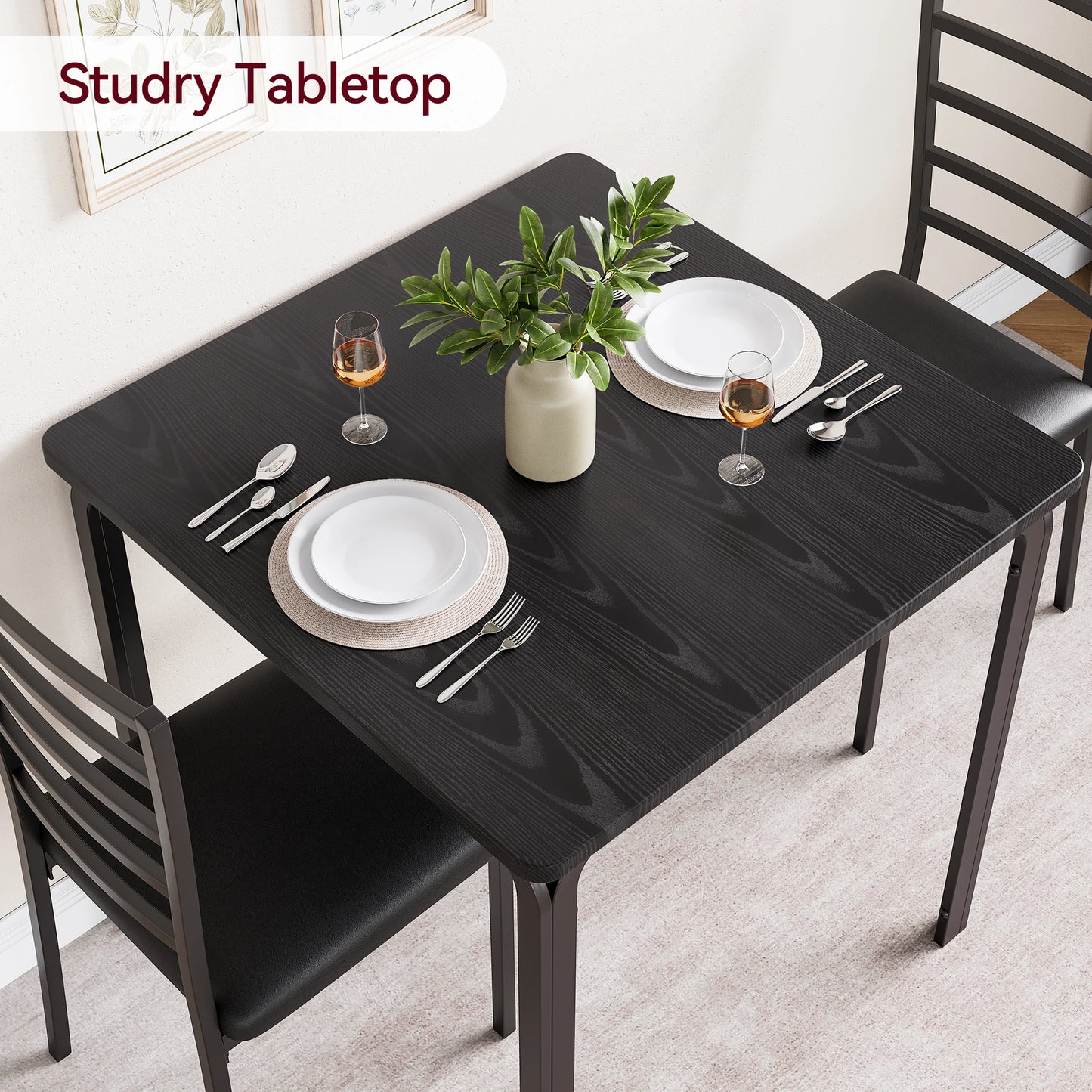 3-Piece Modern Square Dining Table Set for 2  Space-Saving Table & Chairs – Sturdy Metal Frame for Small Apartments, Kitchens or Breakfast Nooks