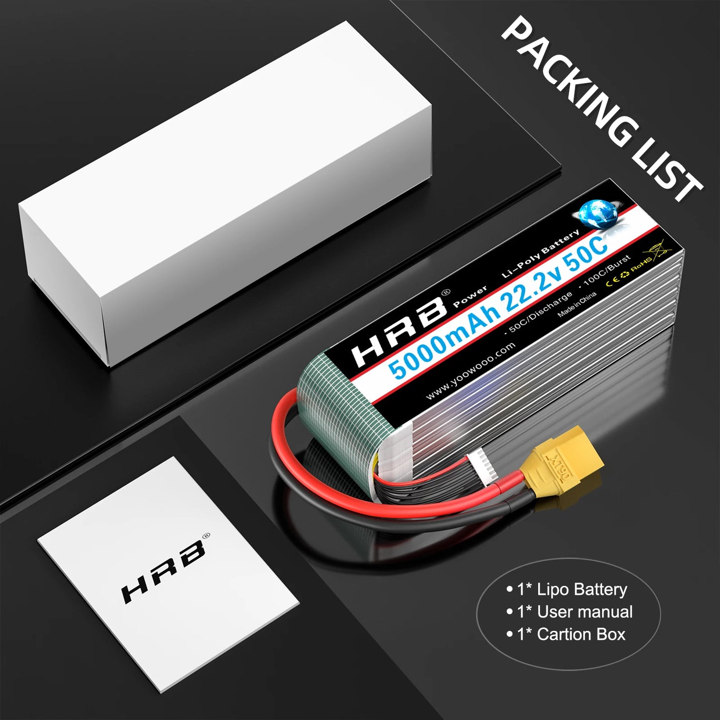 1/2PCS HRB 6S Lipo Battery 22.2V 5000mah Drone Battery 50C With XT90 Connector for Quadcopter AirplaneRC Car Monster RC Drone