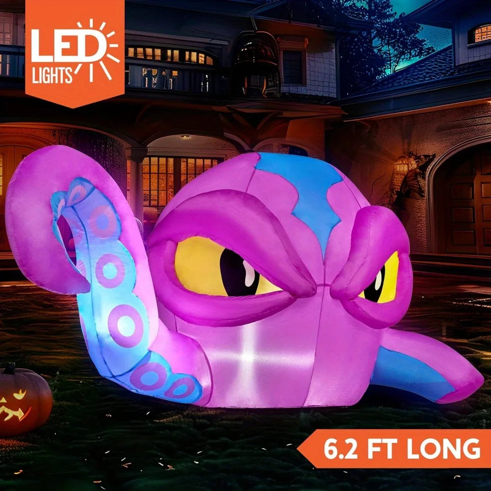 6.2 FT Long Purple Octopus Head Halloween Inflatable with Tentacles Broke Out from Window with Built-in LEDs Blow Up for Halloween Window Decor, Outdoor Yard Garden Lawn Party Decoration