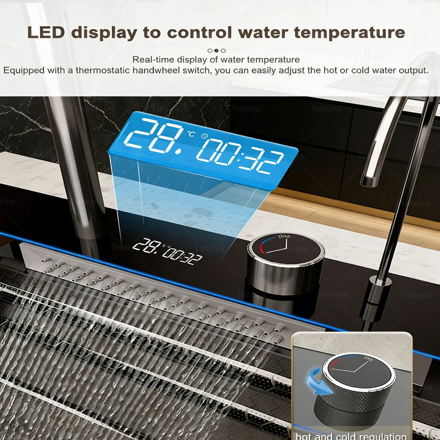 Stainless Steel Kitchen Sink Multifunctional Digital Display Waterfall Large Single Slot Ships from the U.S.