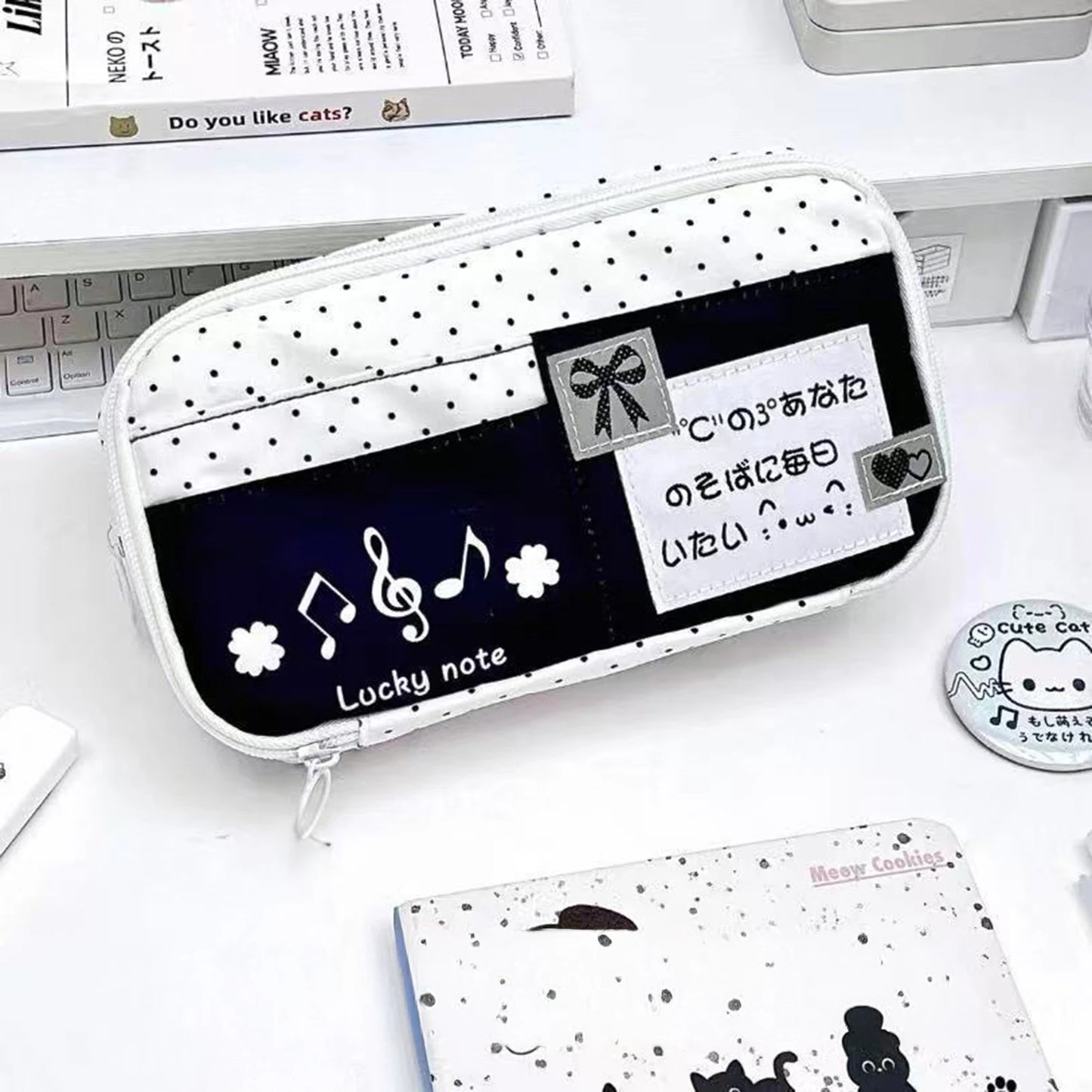Cute Cat Polka Dot Pencil Case Blue Multi-Layer Large Capacity Pen Bag Portable Student School Stationery Storage Pouch