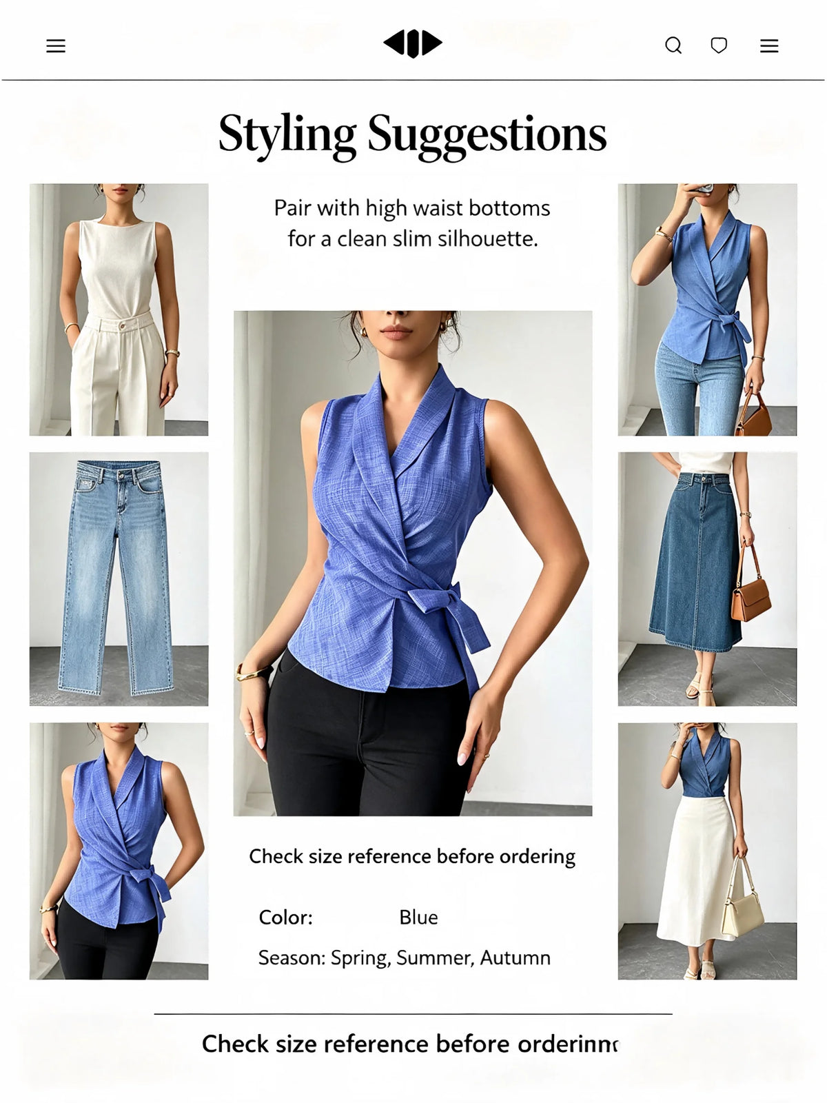 Women Blue Wrap Tie Waist Blouse Sleeveless V-Neck Slim Fit Office Casual Summer Top
