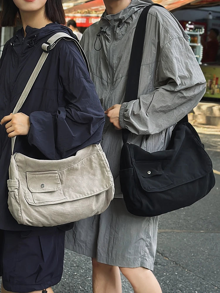Casual Canvas Messenger Bag Versatile Flip Large Capacity Shoulder Book Bag For Student Adjustable Crossbody Bag For Men Women