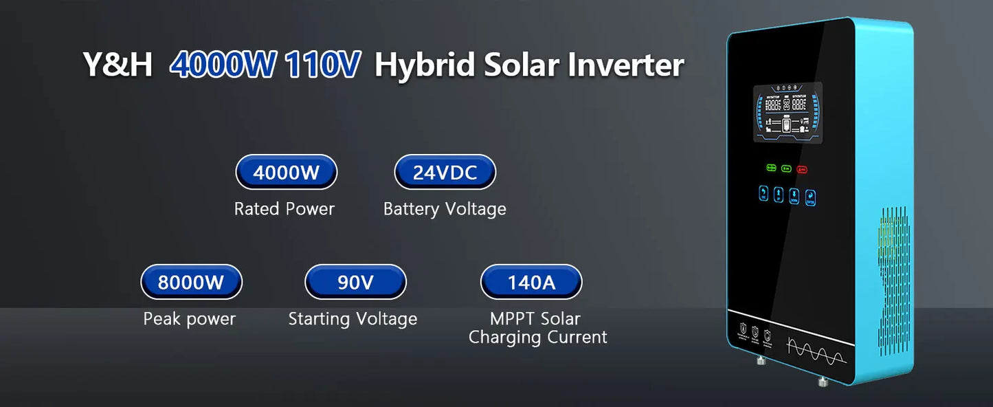 Y&H 4KW Hybrid Solar Inverter 24V 110V Pure Sine Wave Battery-Free Starting Built MPPT 140A Solar Charger Solar System BMS/WiFi