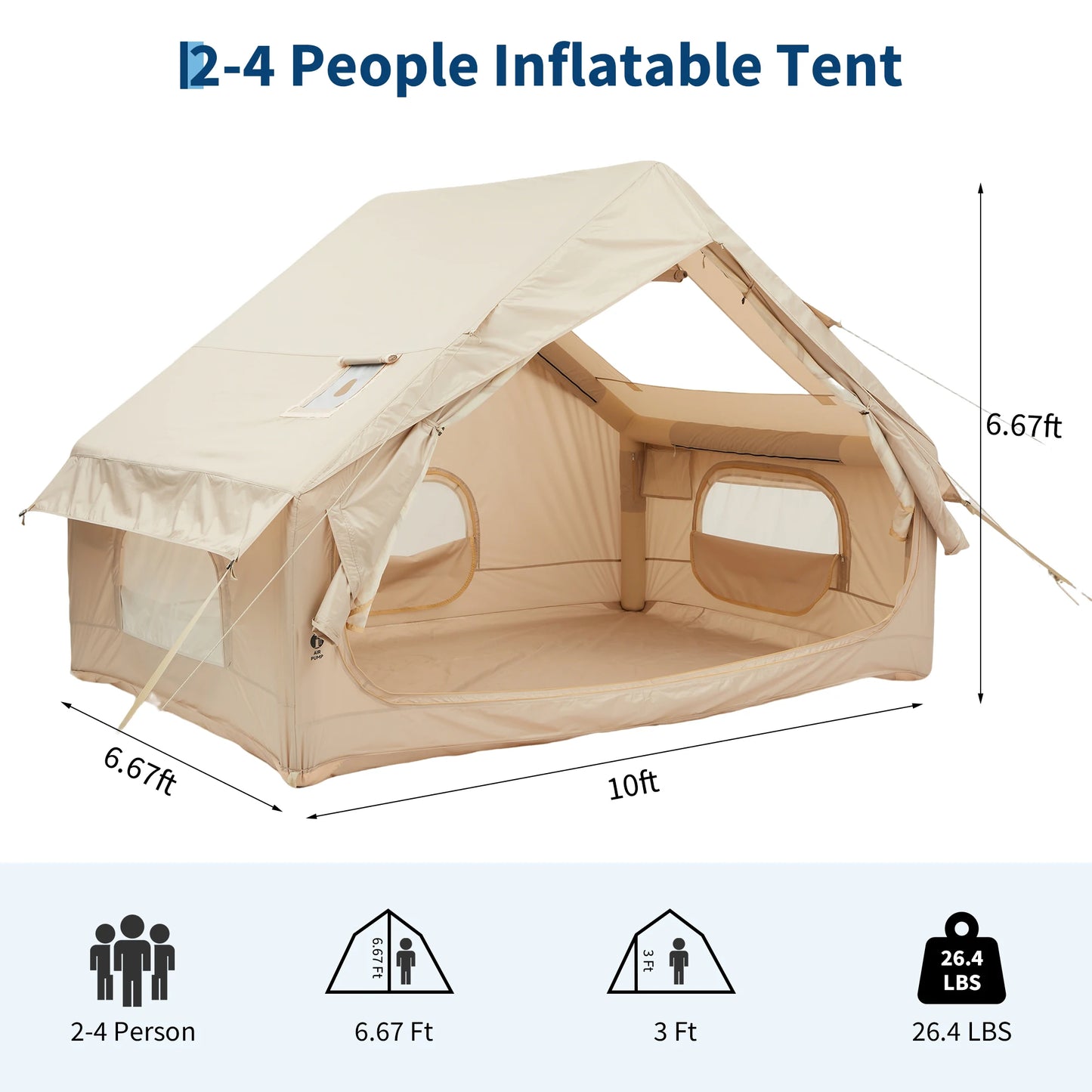 Spacious & Waterproof Inflatable Camping Tent – Family Outdoor Shelter for 6 – Quick Setup, Durable Oxford Fabric, Portable for Hiking & Camping – Size: 6 Square