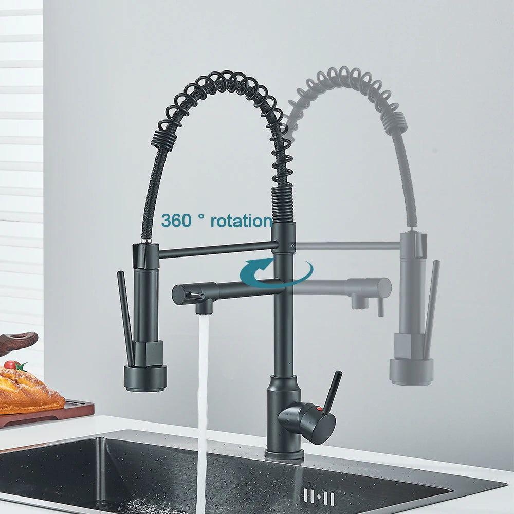 Black Spring Pull Down Stainless Steel Kitchen Sink Faucet Hot Cold Water Mixer Crane Tap with Dual Spout 360° Rotation Faucet