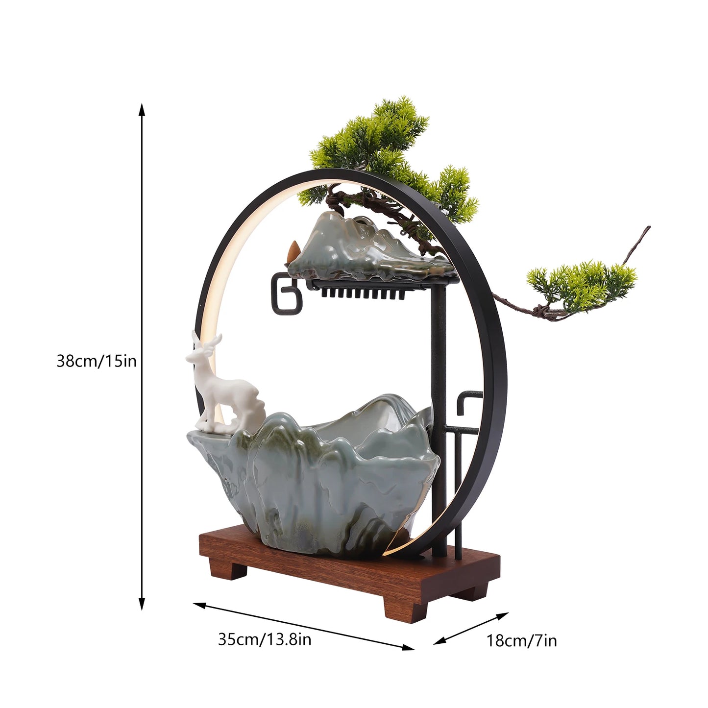 110V Ceramic Tabletop Fountain With Mist LED Deer Figurine Pine Branches Easy Setup Quiet For Indoor Meditation Feng Shui Decor