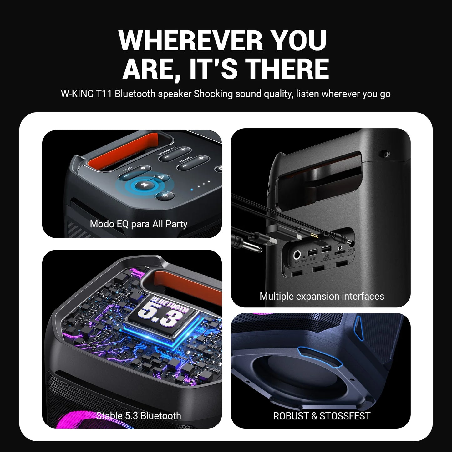 W-KING T11 Bluetooth Speakers,100W RMS, IPX6 Waterproof, BT 5.3 Portable Party Boombox Wireless Deep Bass/115dB Loud Massive Sound