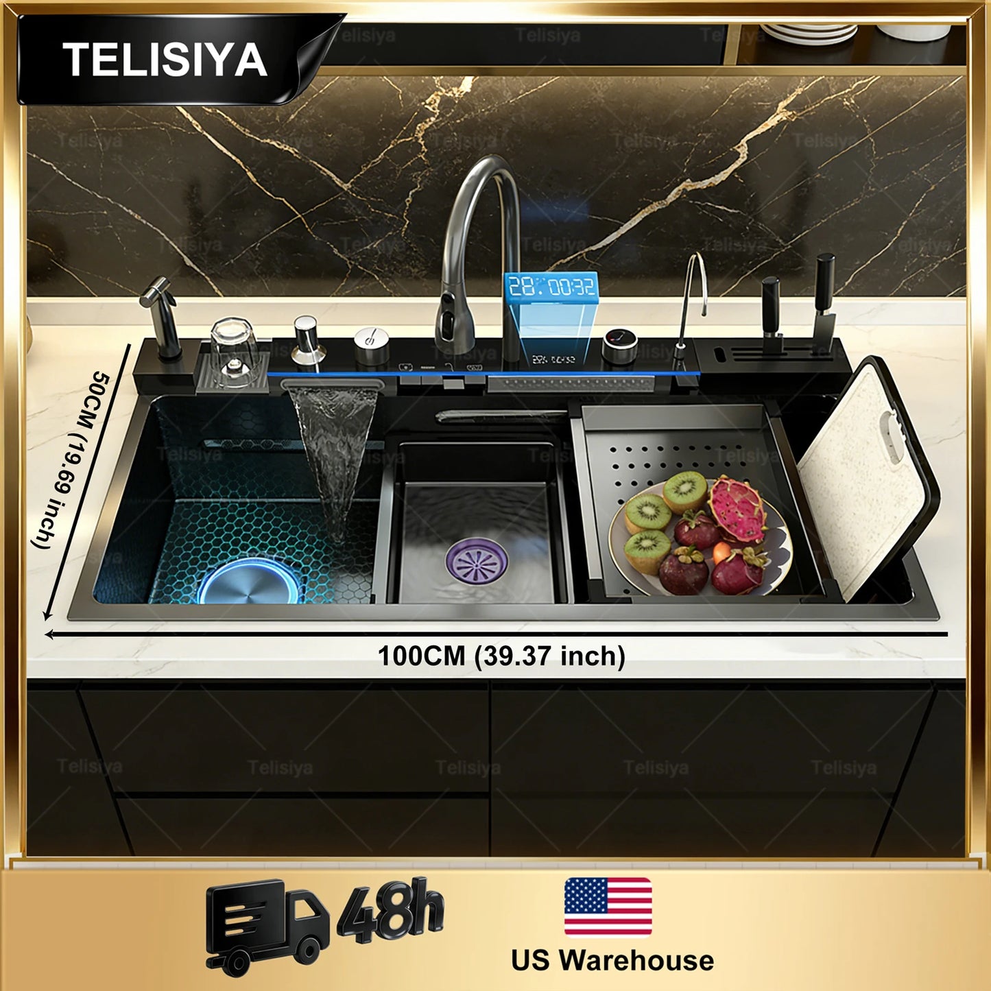 Stainless Steel Kitchen Sink Multifunctional Digital Display Waterfall Large Single Slot Ships from the U.S.