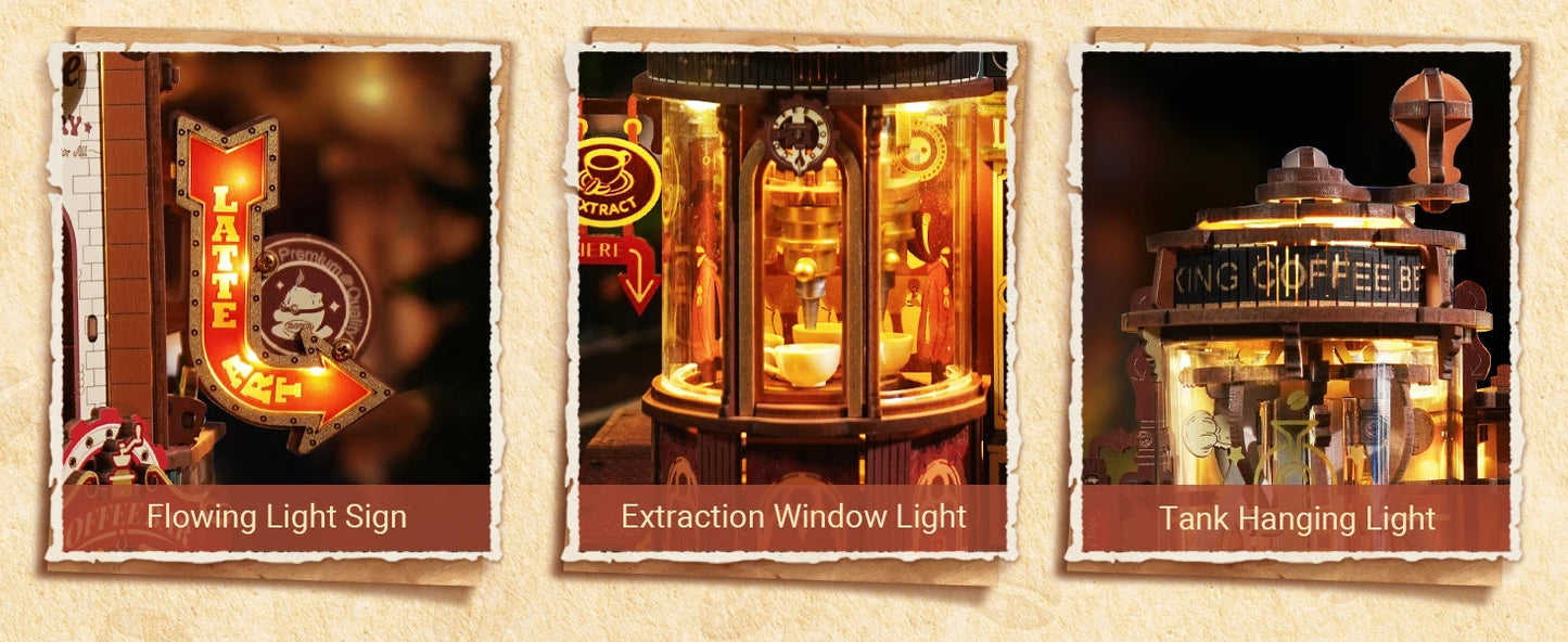ROKR Wooden 3D Puzzle Dream Coffee Factory Music Box Model Building Kit 593-piece DIY Miniature House Kit with LED Light Unique Home Decor Gift for Adults Women