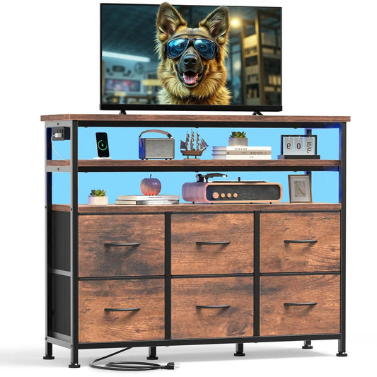 JHK TV Stand Dresser For Living Room With 6 Fabric Drawers Storage Up to 45 inch TV Wood Top TV Media Console Table Cabinet