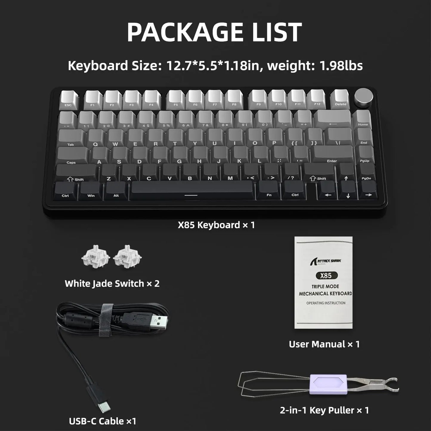 ATTACK SHARK X85 Wireless Mechanical Gaming Keyboard,TKL 82 Keys,Gasket Structure,Knob,RGB Hot Swappable Custom Keyboard