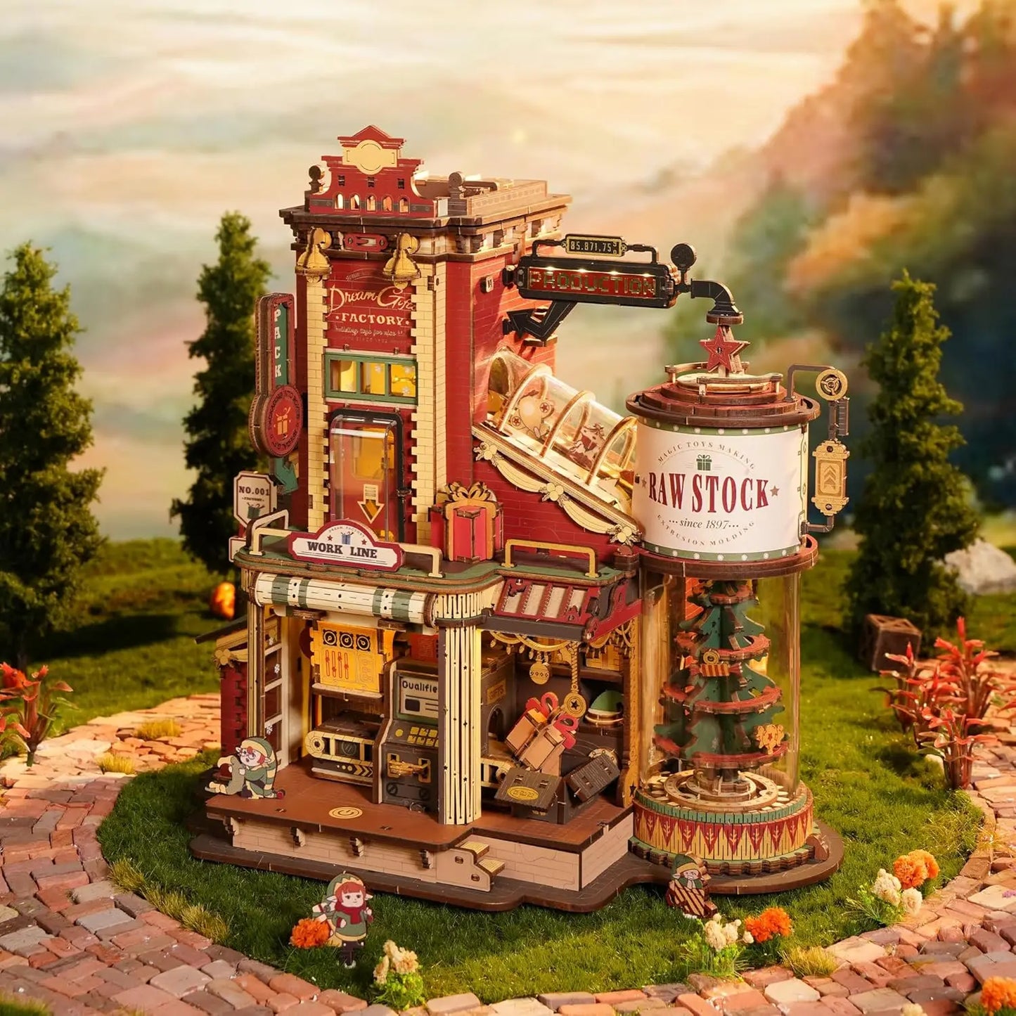 ROKR Dream Gift Factory Wooden 3D Puzzle DIY Mini Dollhouse Model Building Kit with Music & LED Lights 449 Pieces Assembly Toys for Adults Teens