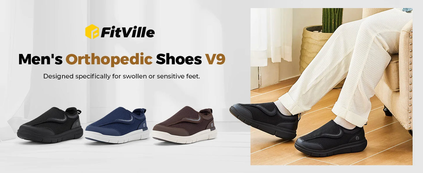 FitVille Extra Wide Men's Diabetic Shoes for Elder Orthopedics Feet Swollen Adjustable Walking Shoe Elderly Foot Pain Relief