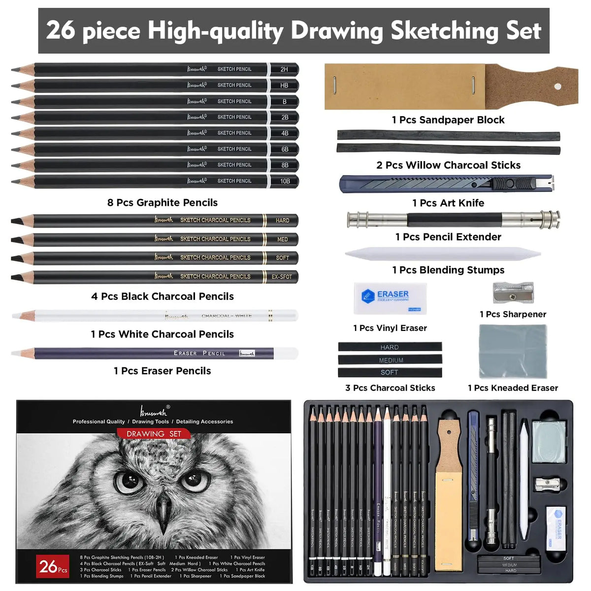 Professional Charcoal Pencils, 26 Pack Sketching Set with Blending, Art Supplies for Drawing Shading, for Adults & Students